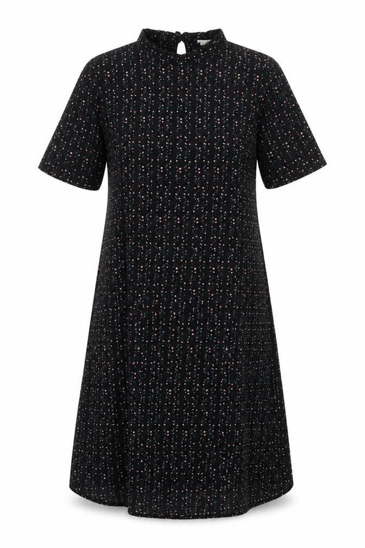 Front view of JDY women’s black polka dot a-line, size UK 6