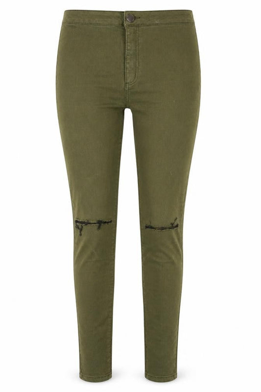 Front view of Miss Selfridge women’s green denim jegging jeans, size UK 10, 28-inch leg