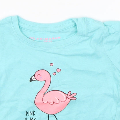 Close-up detail of Primark girls’ blue basic t-shirt, size 6-9, months