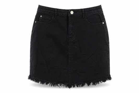 Front view of misguided women’s black denim straight & pencil set, size UK 10