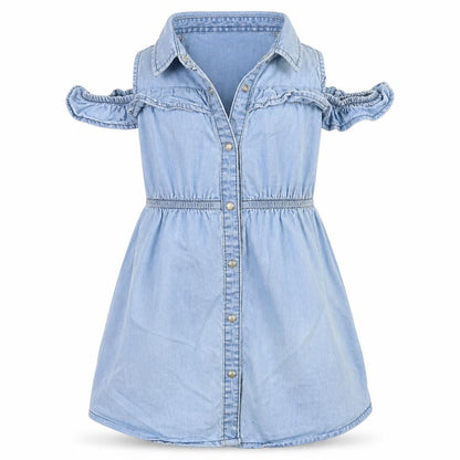 Front view of Denim & Co. girls’ blue basic button-up, size 6-7, years