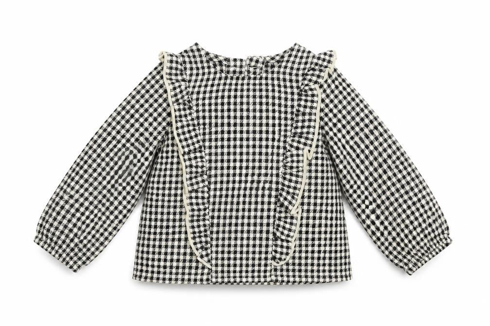 Front view of Primark girls’ black check basic blouse, size 3-6, months