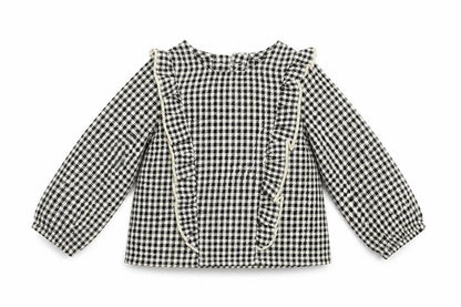 Front view of Primark girls’ black check basic blouse, size 3-6, months