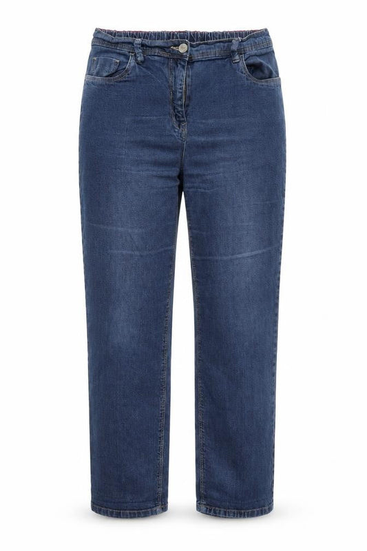 Front view of ELLE women’s blue straight jeans, size UK 32, 27-inch leg - stretch waistband