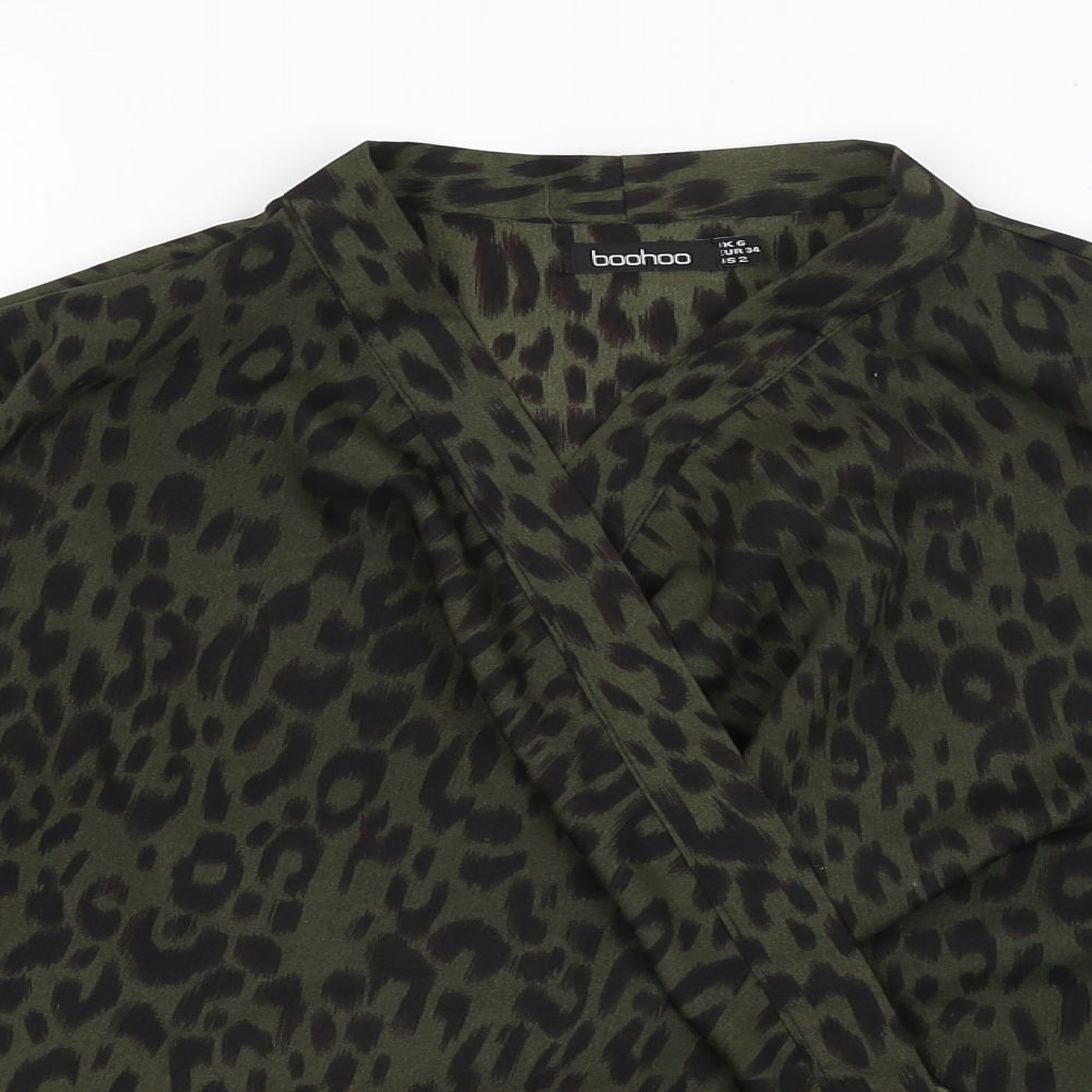 Boohoo Womens Green Animal Print  Basic Blouse Size 6