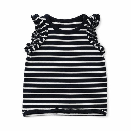Front view of Next boys’ black striped basic tank, size 12-18, months