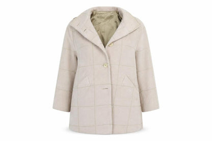 Front view of fashion women’s beige check jacket coat, size UK 14