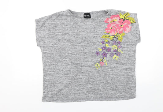 B. You Womens Grey Floral  Basic T-Shirt Size 8
