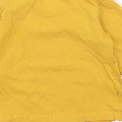 Brand and care label for BS boys’ yellow jersey basic t-shirt, size 9-12, months