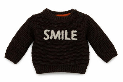 Front view of Nutmeg Baby Brown jumper, size 0-3, Months - SMILE