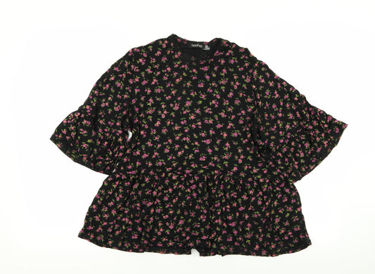 Boohoo Womens Black Floral  Basic T-Shirt Size 6