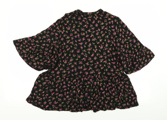 Boohoo Womens Black Floral  Basic T-Shirt Size 6
