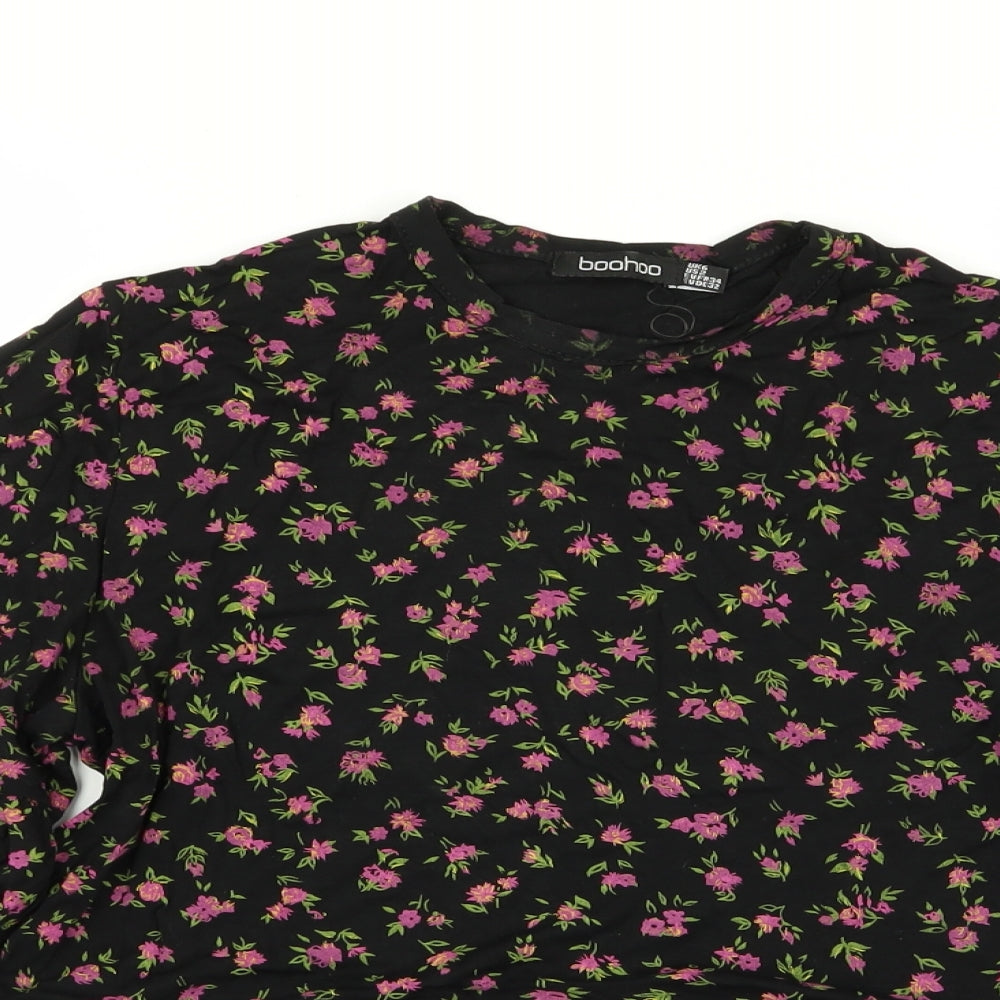 Boohoo Womens Black Floral  Basic T-Shirt Size 6