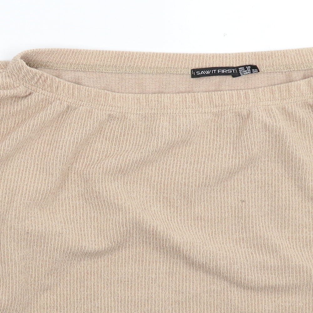 Close-up detail of I SAW IT FIRST women’s beige knit jumper, size UK 10