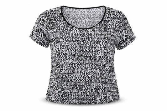 Front view of Soon women’s black animal print basic t-shirt, size UK 16