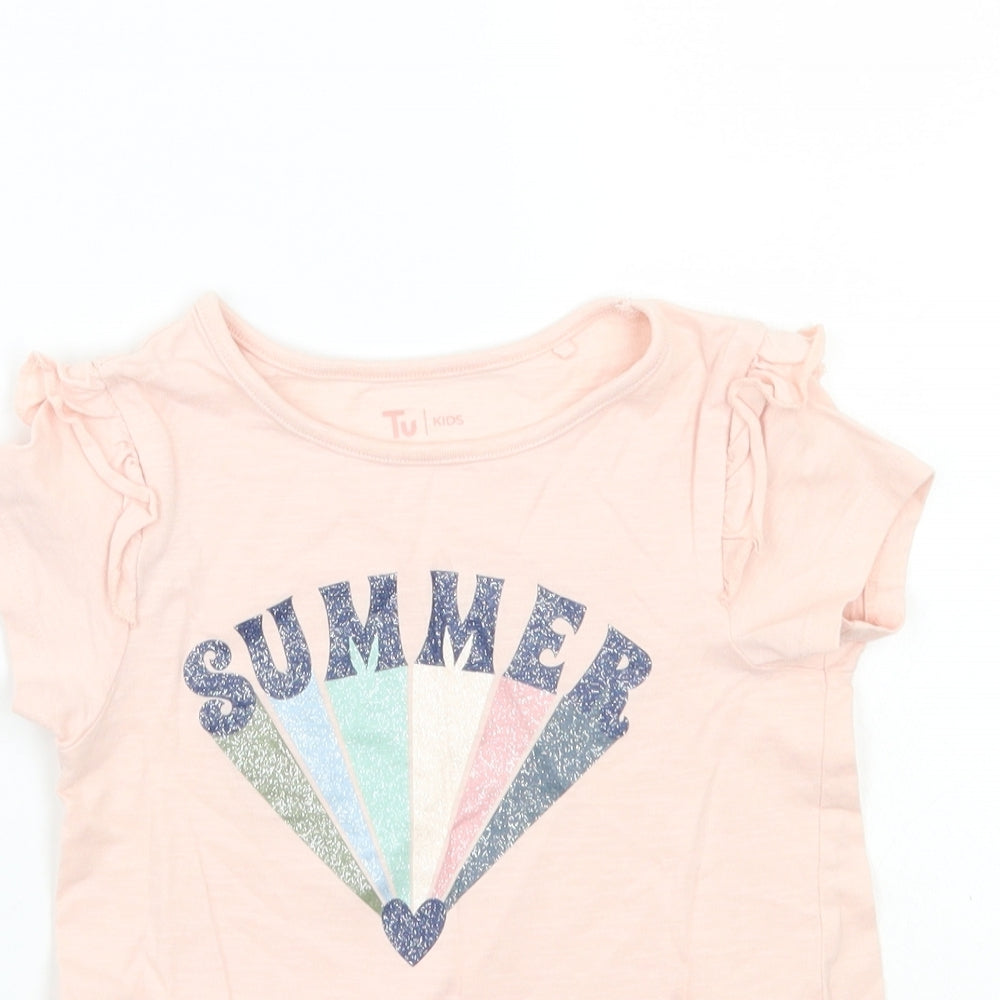 Close-up detail of Tu girls’ pink basic t-shirt, size 5, years