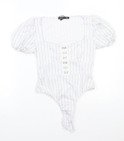 Boohoo Womens White Striped  Bodysuit One-Piece Size 6