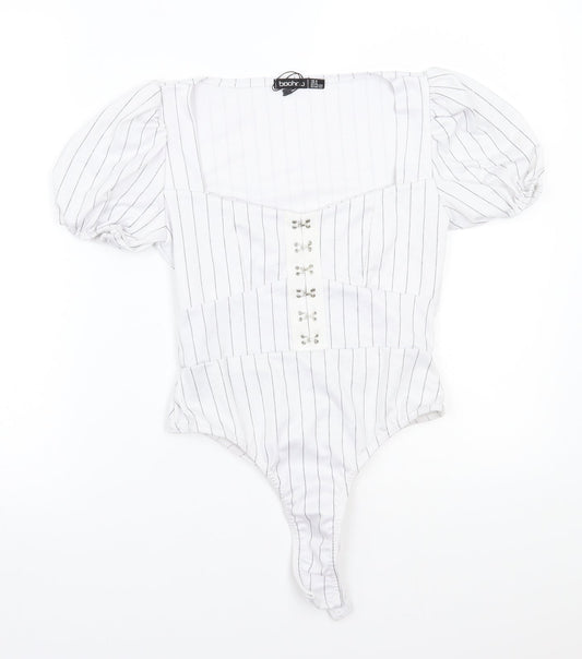 Boohoo Womens White Striped  Bodysuit One-Piece Size 6