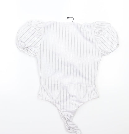 Boohoo Womens White Striped  Bodysuit One-Piece Size 6