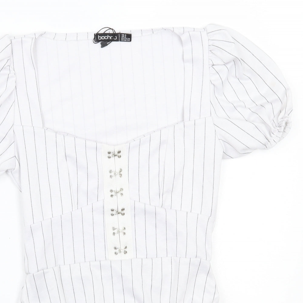 Boohoo Womens White Striped  Bodysuit One-Piece Size 6