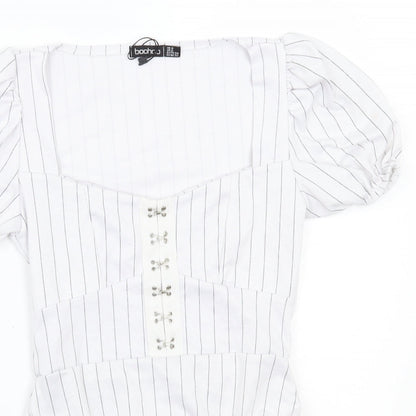 Boohoo Womens White Striped  Bodysuit One-Piece Size 6