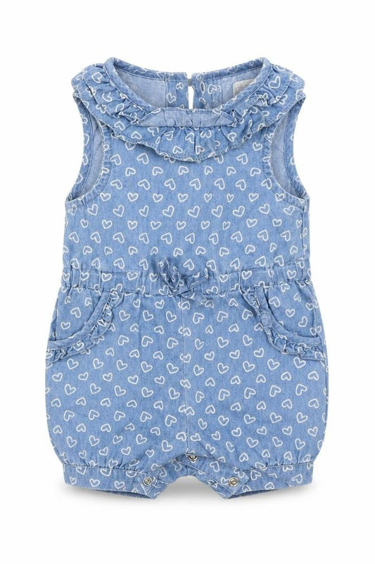Front view of Early Days girls’ blue denim romper one-piece, size 0-3, months