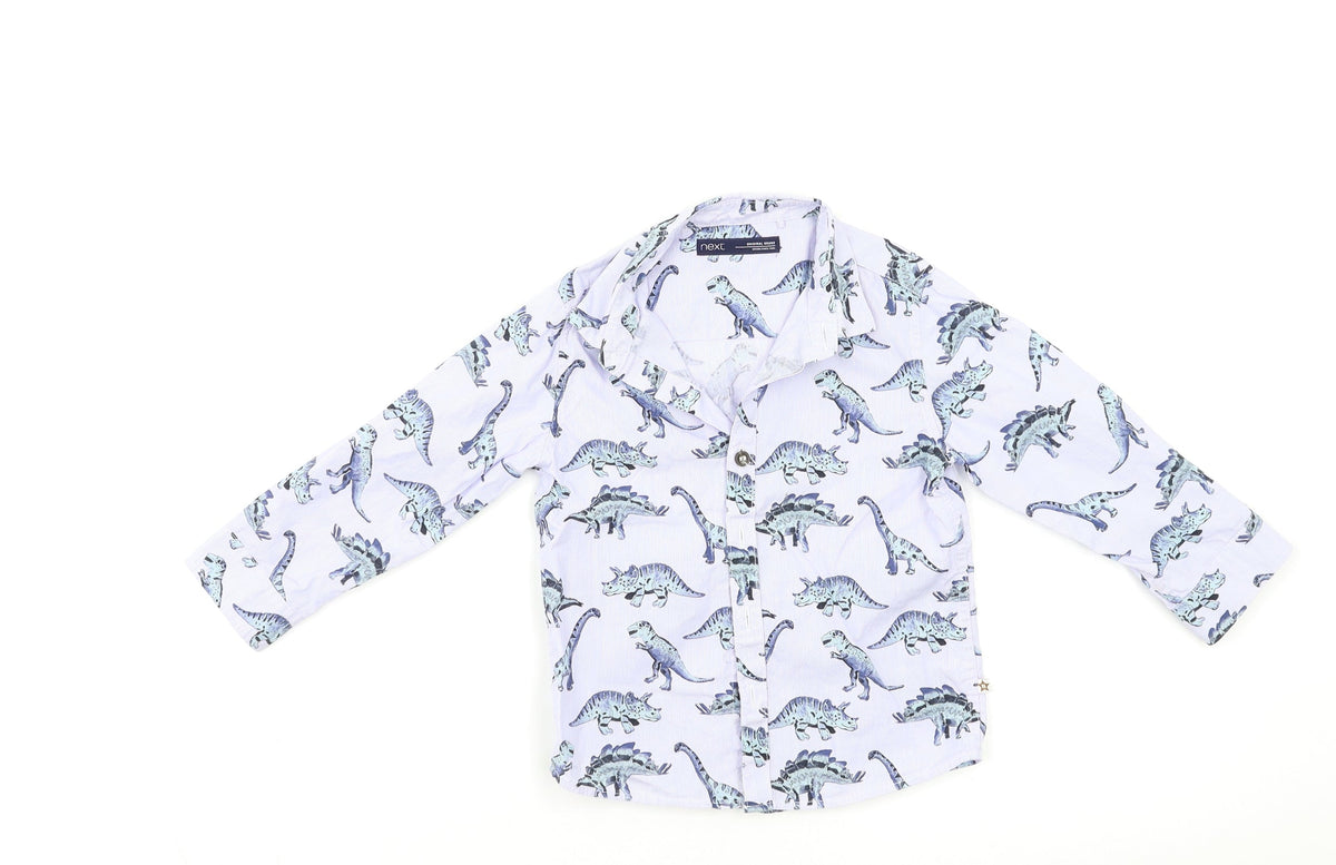 Additional front view of Next Baby Blue Geometric Basic Button-Up, size 12, Months - Dinosaur