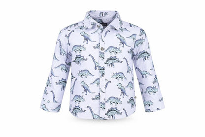 Front view of Next Baby Blue Geometric Basic Button-Up, size 12, Months - Dinosaur