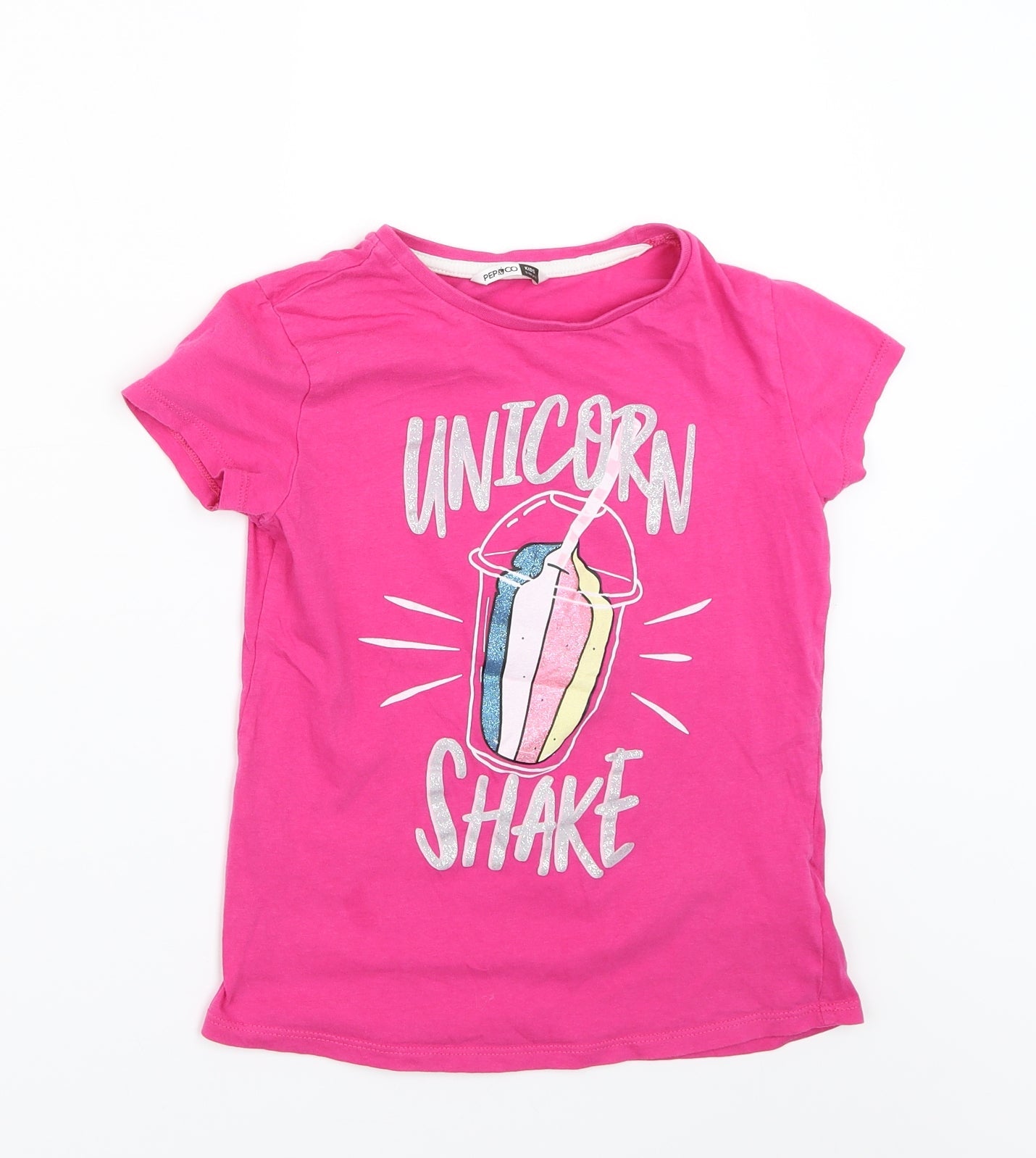 Pep&Co Girls Pink   Basic T-Shirt Size 9-10 Years  - Unicorn shake