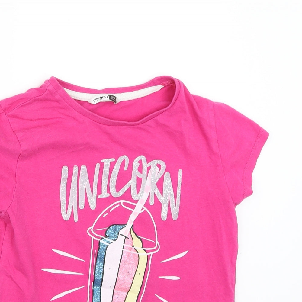 Pep&Co Girls Pink   Basic T-Shirt Size 9-10 Years  - Unicorn shake