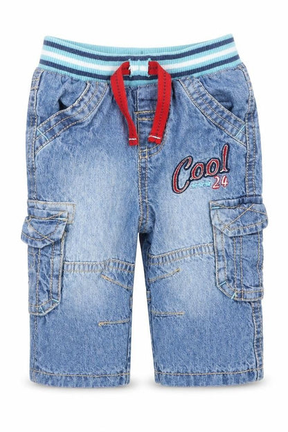 Front view of Marks & Spencer boys’ blue denim cargo jeans, size 3-6, months