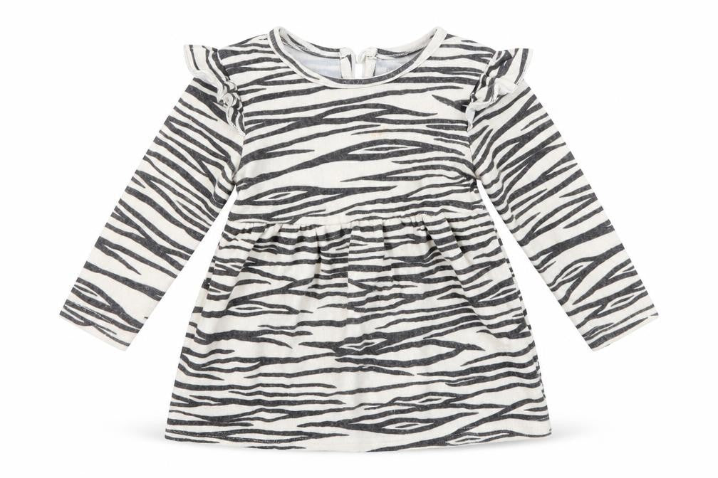 Front view of Primark girls’ black animal print t-shirt dress, size 9-12, months