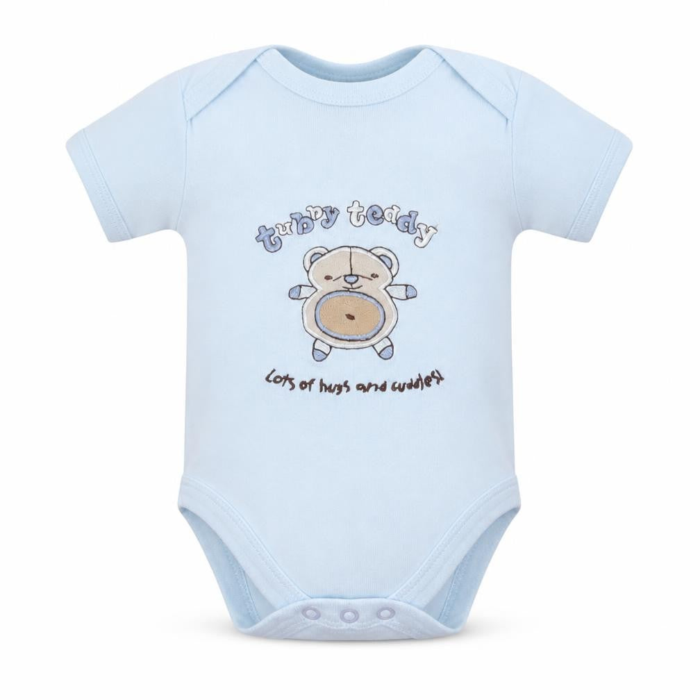 Front view of tubby teddy & co boys’ blue romper one-piece, size 0-3, months - bear