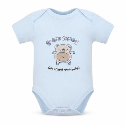Front view of tubby teddy & co boys’ blue romper one-piece, size 0-3, months - bear