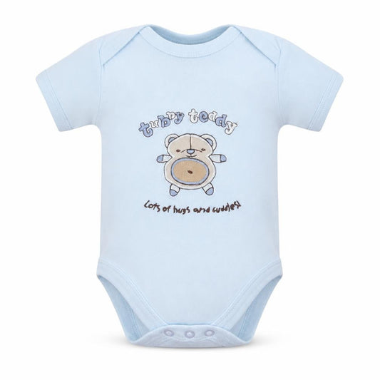 Front view of tubby teddy & co boys’ blue romper one-piece, size 0-3, months - bear