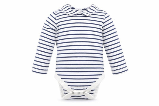 Front view of Marks & Spencer boys’ black striped babygrow one-piece, size 6-9, months
