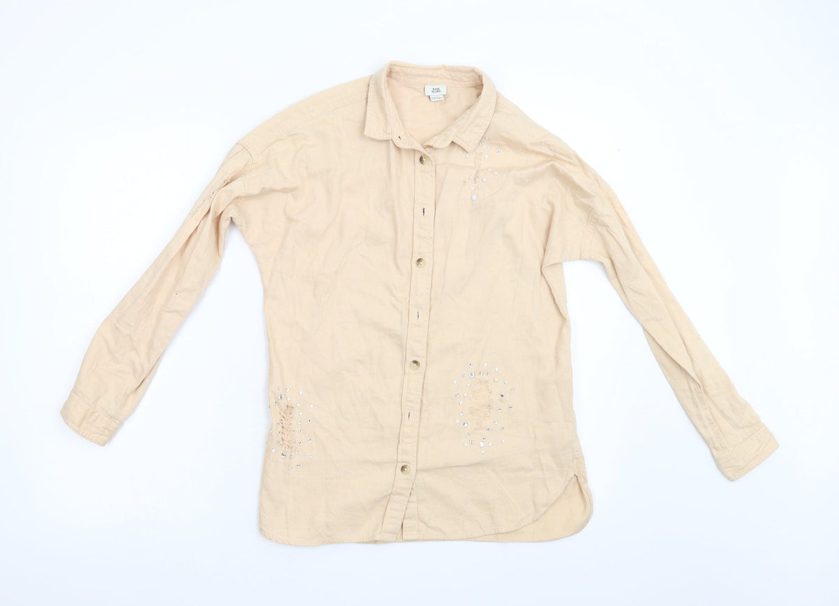 Additional front view of River Island girls’ beige denim basic button-up, size 11-12, years