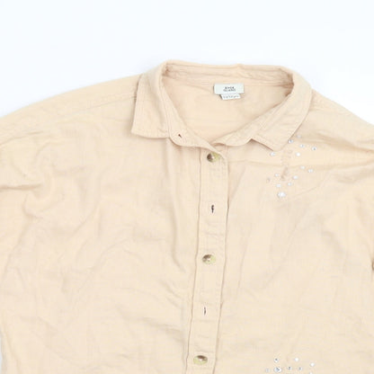 Close-up detail of River Island girls’ beige denim basic button-up, size 11-12, years