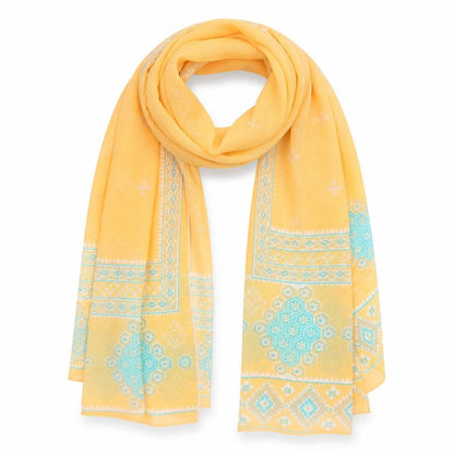Front view of Preworn unisex orange geometric shawl/wrap