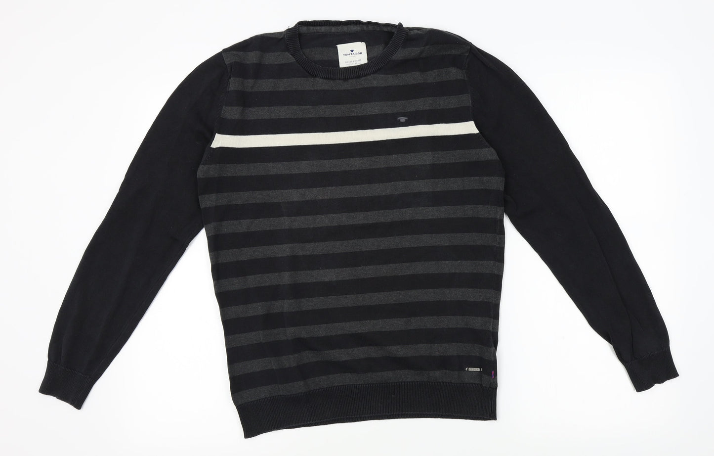 TOM TAILOR Mens Black Striped  Pullover Jumper Size M