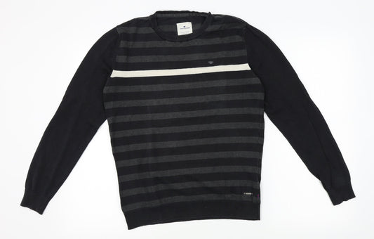 TOM TAILOR Mens Black Striped  Pullover Jumper Size M