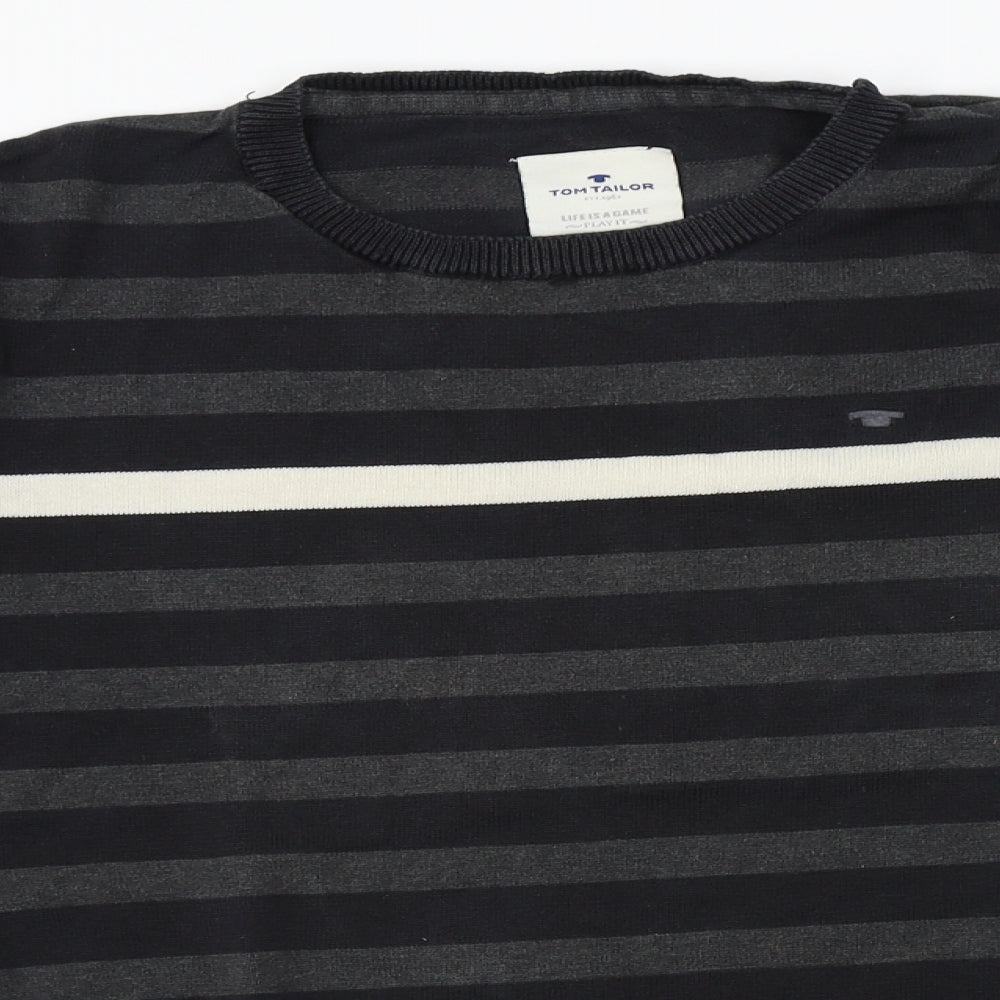 TOM TAILOR Mens Black Striped  Pullover Jumper Size M