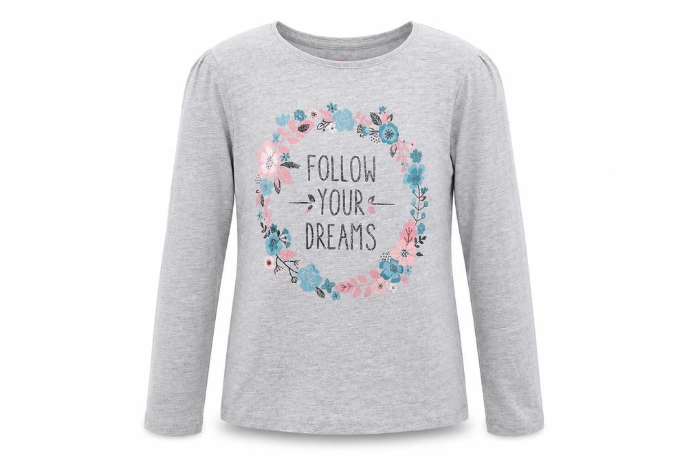 Front view of Young Dimension girls’ grey basic t-shirt, size 6-7, years