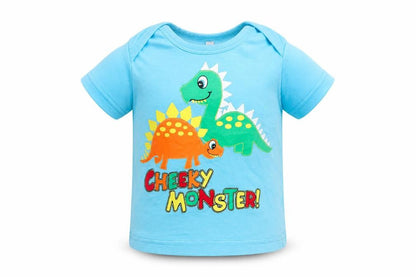 Front view of BHS Baby Blue Basic T-Shirt, size 9-12, Months - cheeky monster
