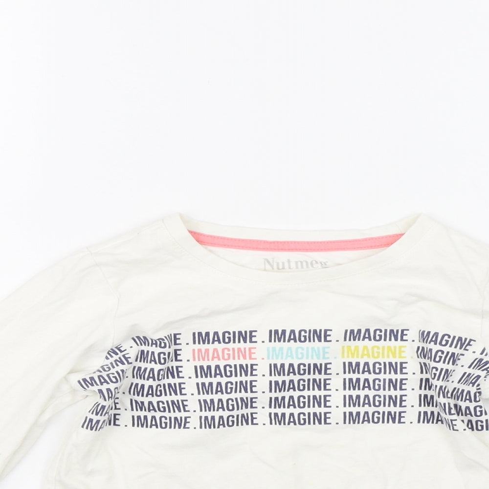 Close-up detail of Nutmeg girls’ white basic t-shirt, size 6-7, years