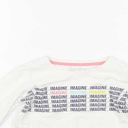 Close-up detail of Nutmeg girls’ white basic t-shirt, size 6-7, years