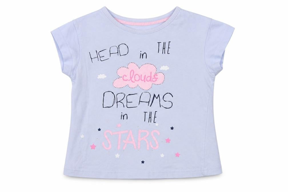 Front view of Matalan girls’ blue animal print basic t-shirt, size 4-5, years