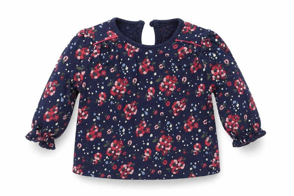 Front view of F&F girls’ blue floral basic t-shirt, size 0-3, months