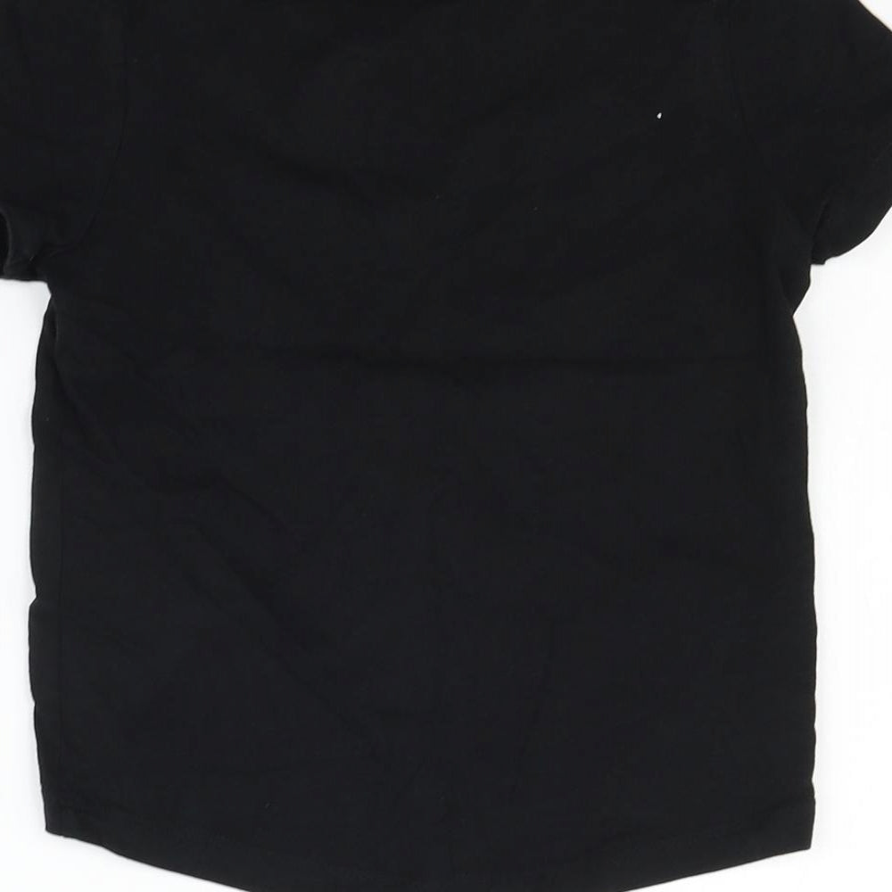 Brand and care label for Nutmeg girls’ black basic t-shirt, size 6-7, years