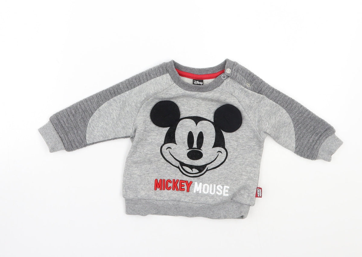 Front view of Disney girls’ grey jumper, size 6-9, months